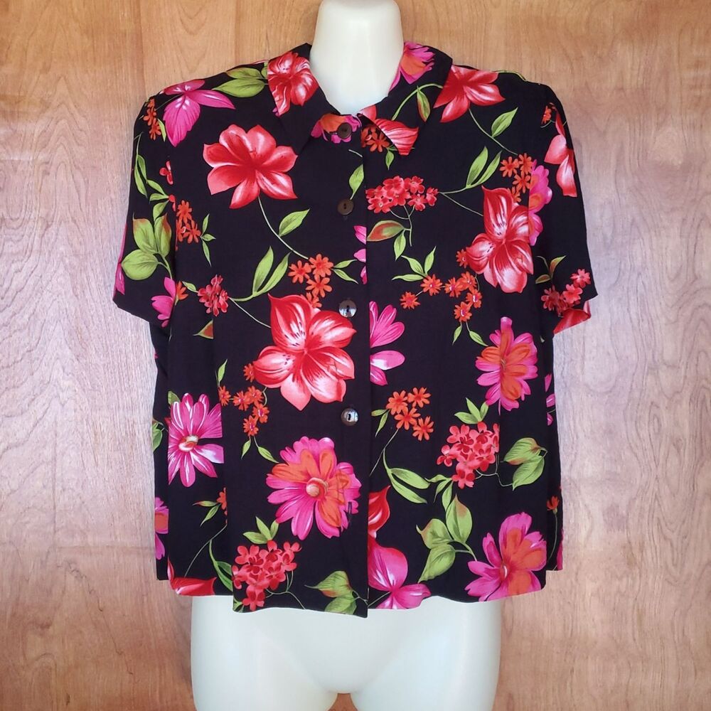 Floral Rayon Button Up Shirt Sz M 90s Black Red Tropical Vacation Camp Resort
